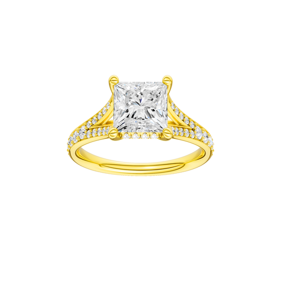 A front view of the Princess cut diamond engagement ring in 14k yellow gold with a diamond channel band and split setting