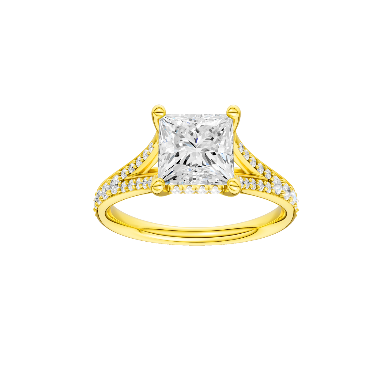 A front view of the Princess cut diamond engagement ring in 14k yellow gold with a diamond channel band and split setting