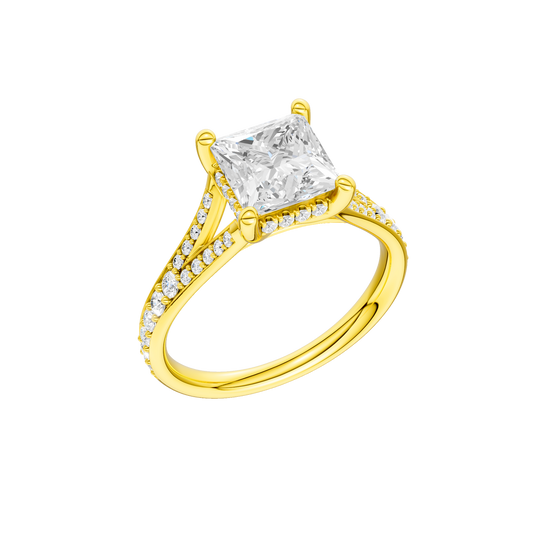 A three-quarter view of the Princess cut diamond engagement ring in 14k yellow gold with a diamond channel band and split setting