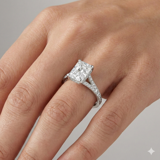 Radiant cut diamond engagement ring in 14k white gold with a diamond channel band and split setting on a hand