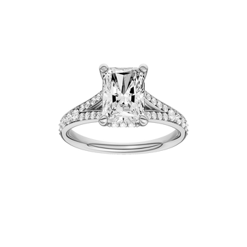 A front view of the Radiant cut diamond engagement ring in 14k white gold with a diamond channel band and split setting