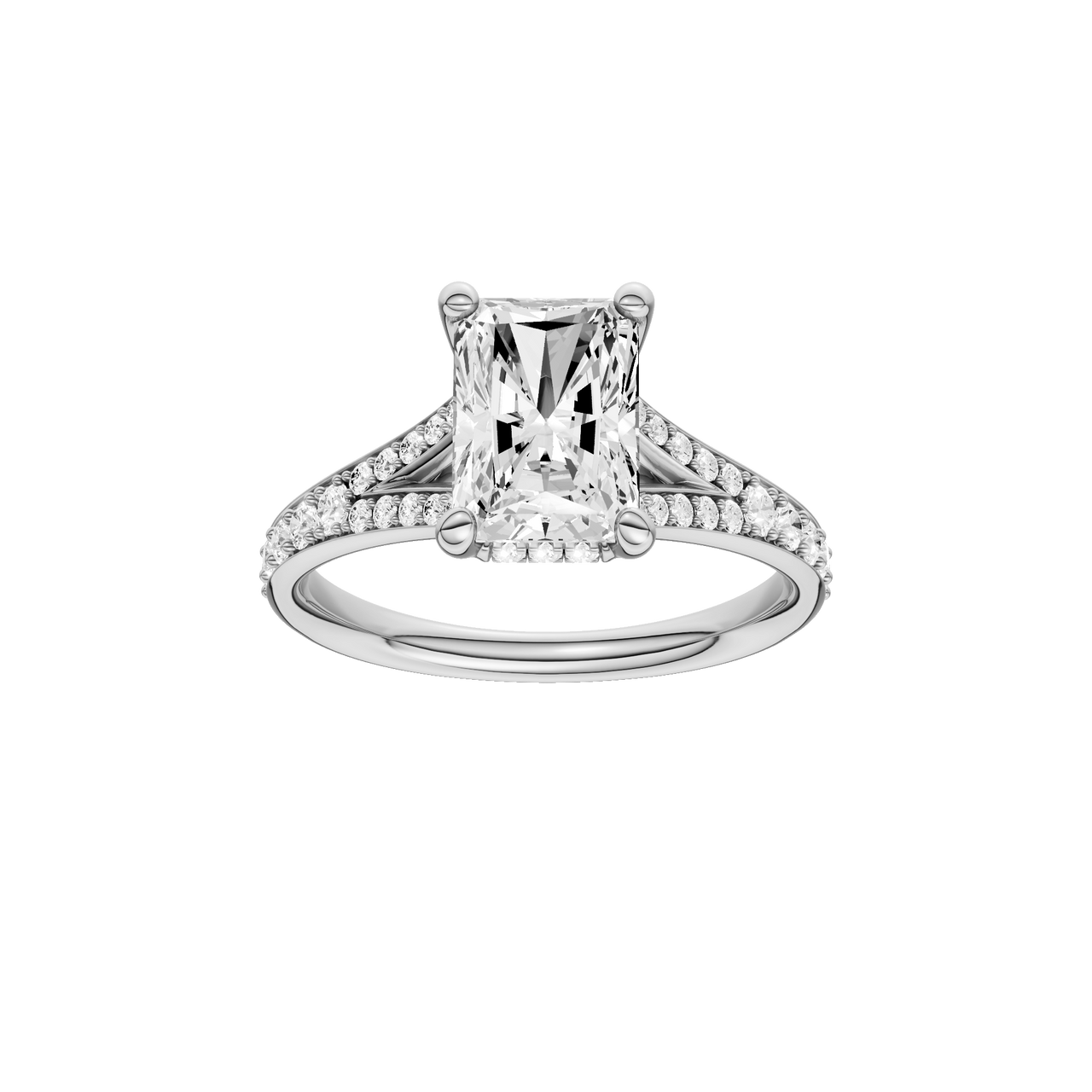 A front view of the Radiant cut diamond engagement ring in platinum with a diamond channel band and split setting