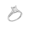 A three-quarter view of the Radiant cut diamond engagement ring in 14k white gold with a diamond channel band and split setting