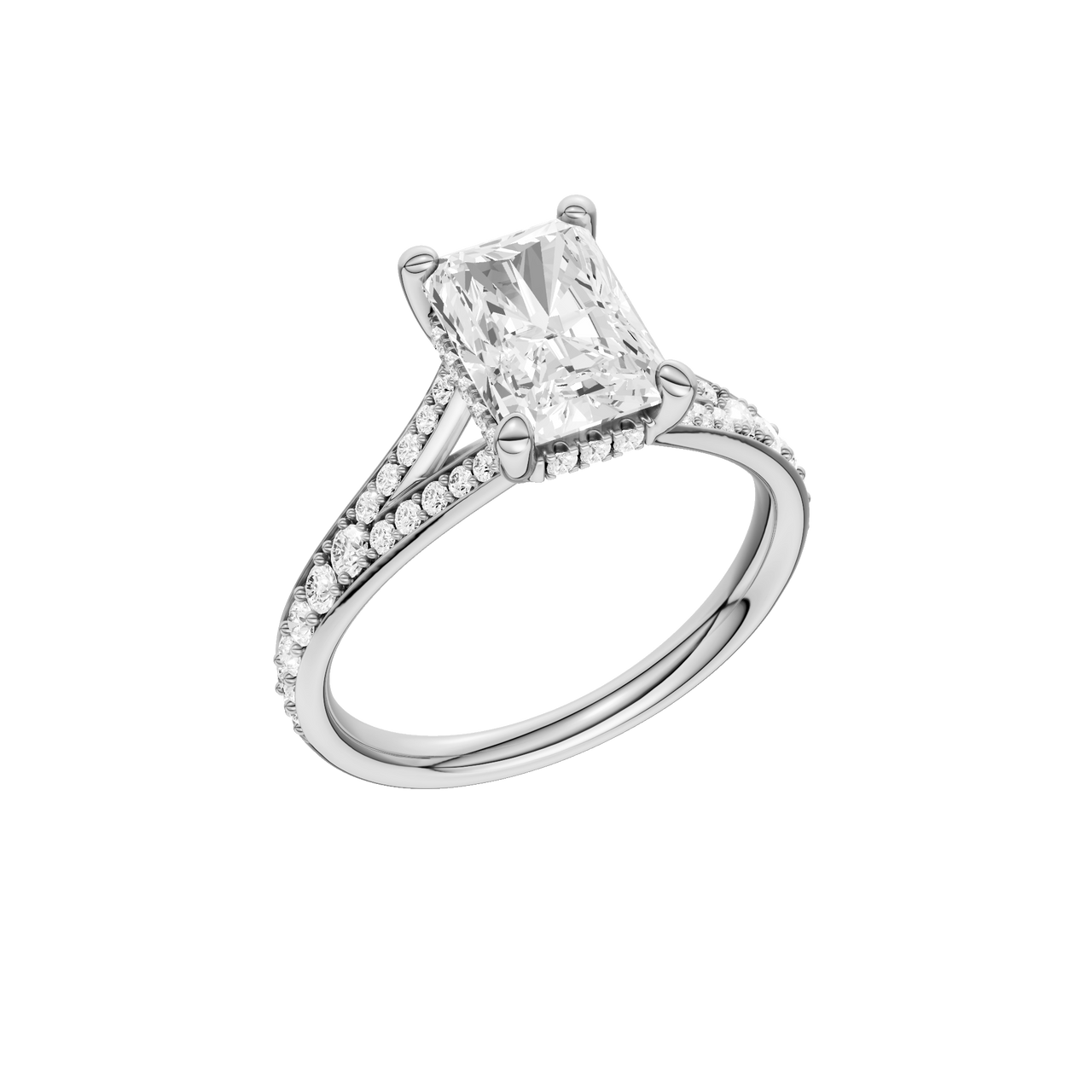 A three-quarter view of the Radiant cut diamond engagement ring in 14k white gold with a diamond channel band and split setting