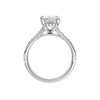 A profile view of the Radiant cut diamond engagement ring in 14k white gold with a diamond channel band and split setting