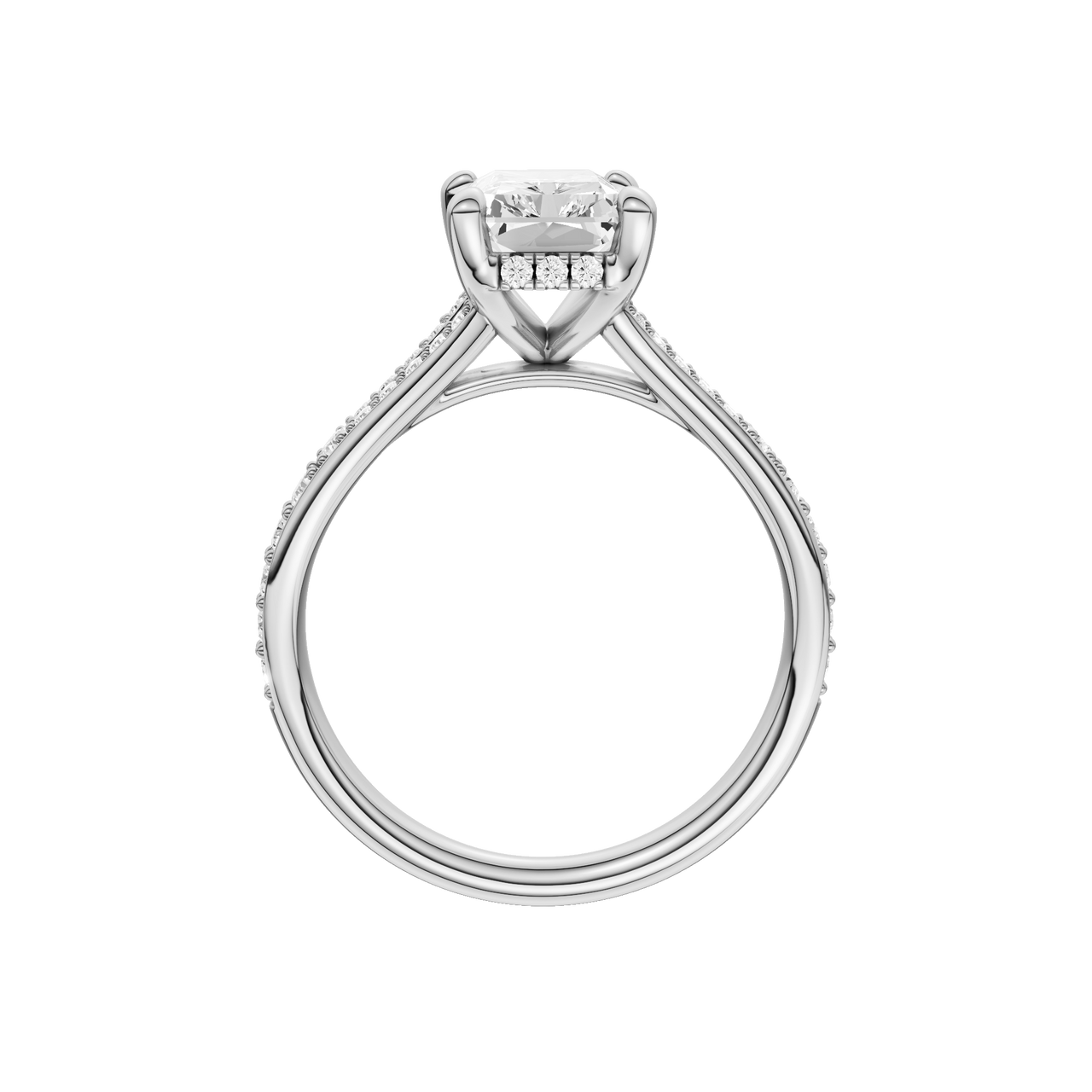 A profile view of the Radiant cut diamond engagement ring in 14k white gold with a diamond channel band and split setting