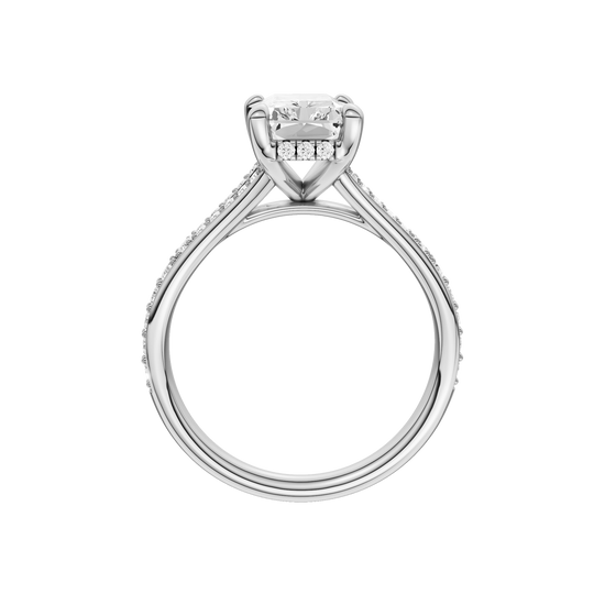 A profile view of the Radiant cut diamond engagement ring in platinum with a diamond channel band and split setting