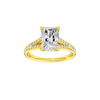 A front view of the Radiant cut diamond engagement ring in 14k white gold with a diamond channel band and split setting