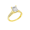 A three-quarter view of the Radiant cut diamond engagement ring in 14k white gold with a diamond channel band and split setting