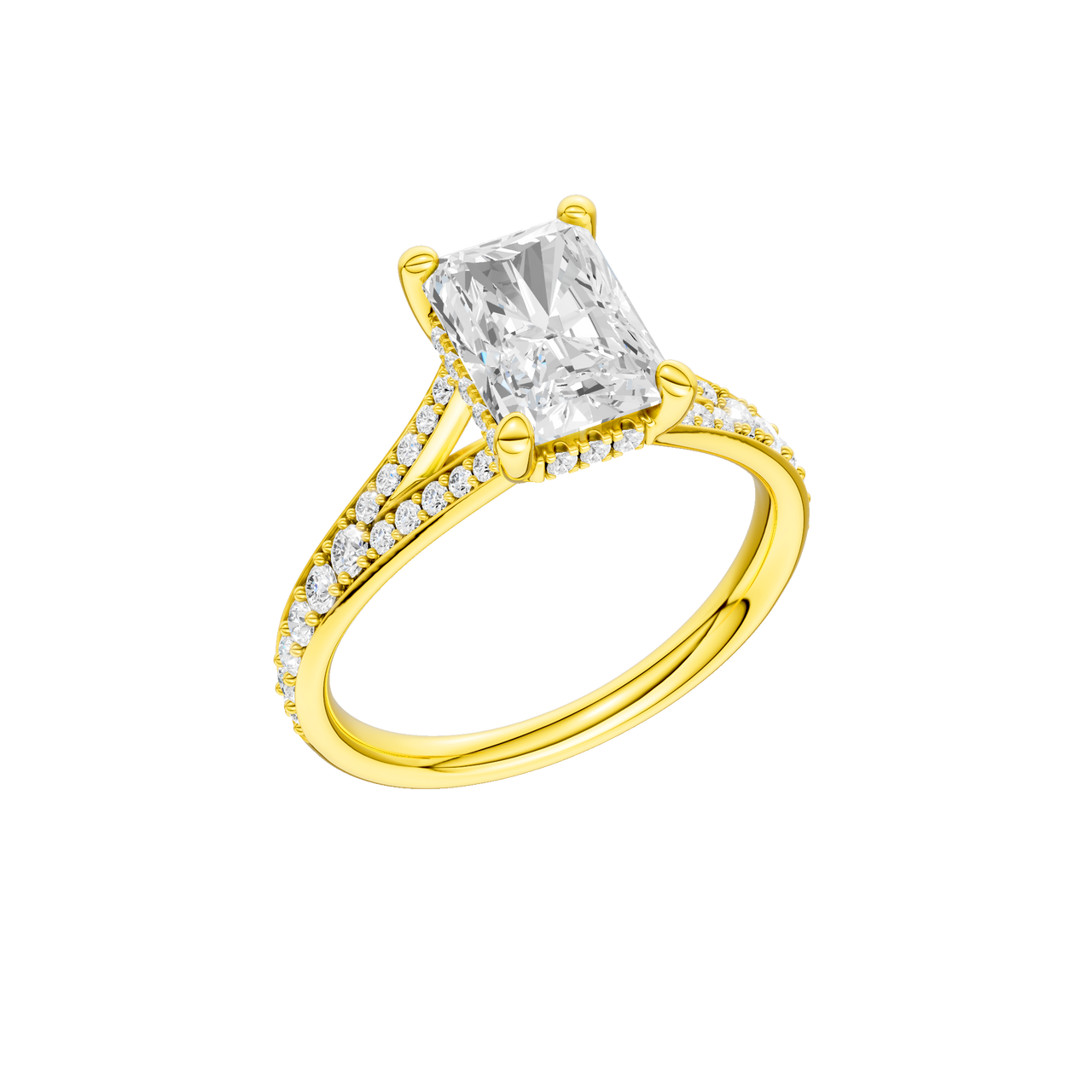 A three-quarter view of the Radiant cut diamond engagement ring in 14k white gold with a diamond channel band and split setting