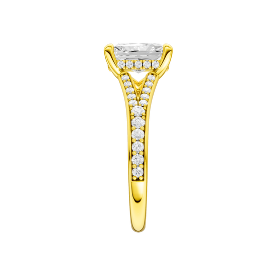 A side view of the Radiant cut diamond engagement ring in 14k white gold with a diamond channel band and split setting