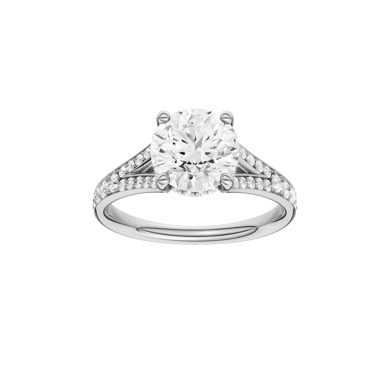 A front view of the Round cut diamond engagement ring in 14k white gold with a channel band and hidden halo setting