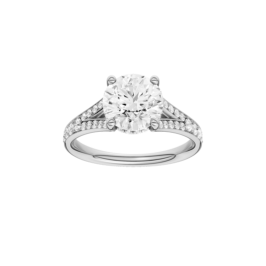 A front view of the Round cut diamond engagement ring in 14k white gold with a channel band and hidden halo setting