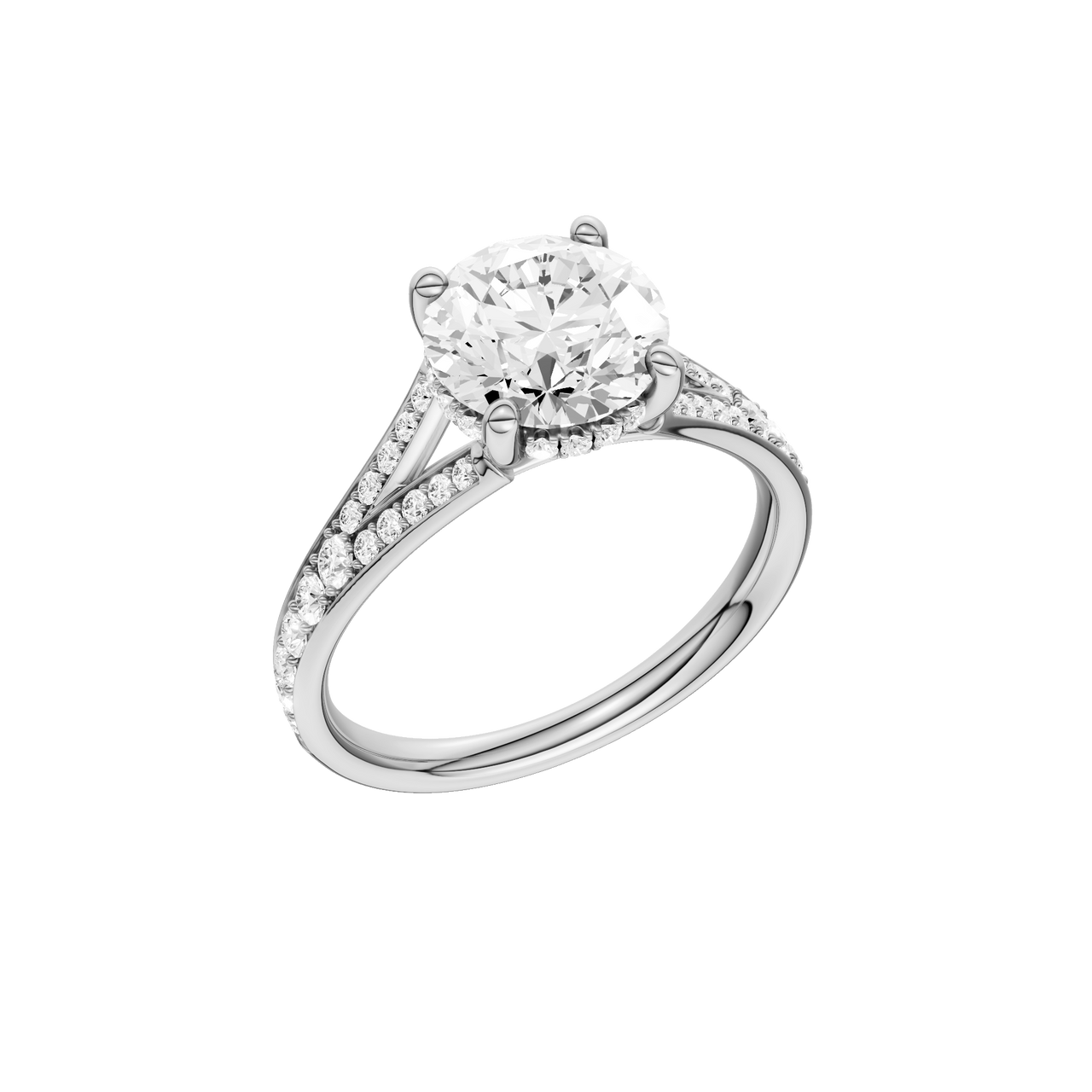 A three-quarter view of the Round cut diamond engagement ring in 14k white gold with a channel band and hidden halo setting