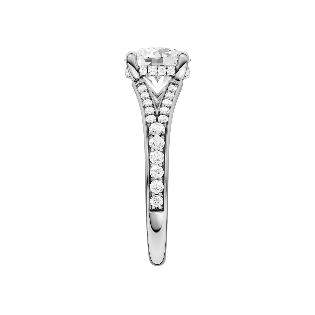 A side view of the Round cut diamond engagement ring in 14k white gold with a channel band and hidden halo setting