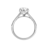 A profile view of the Round cut diamond engagement ring in platinum gold with a channel band and hidden halo setting