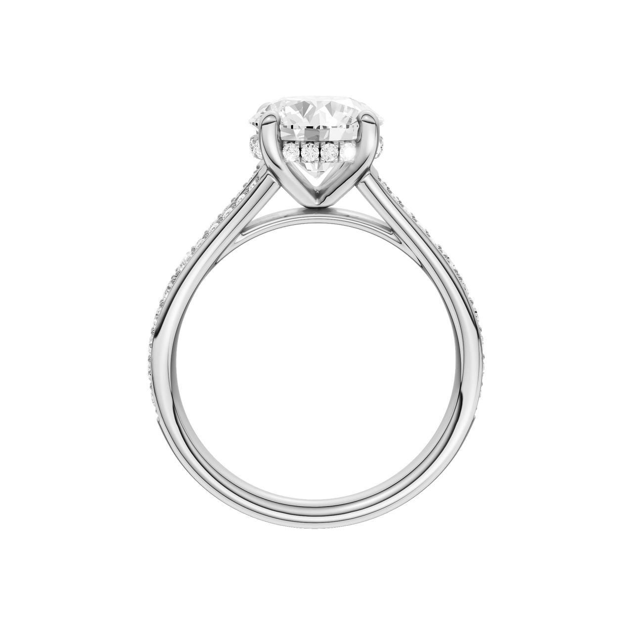 A profile view of the Round cut diamond engagement ring in platinum gold with a channel band and hidden halo setting