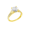 A three-quarter view of the Round cut diamond engagement ring in 14k yellow gold with a channel band and hidden halo setting