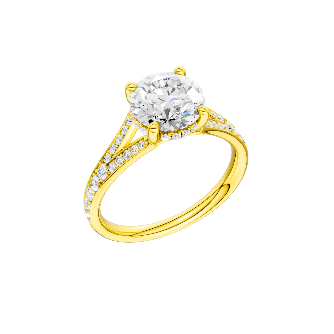A three-quarter view of the Round cut diamond engagement ring in 14k yellow gold with a channel band and hidden halo setting