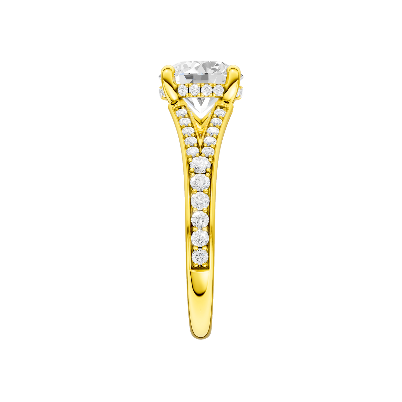 A side view of the Round cut diamond engagement ring in 14k yellow gold with a channel band and hidden halo setting
