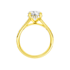 A profile view of the Round cut diamond engagement ring in 14k yellow gold with a channel band and hidden halo setting