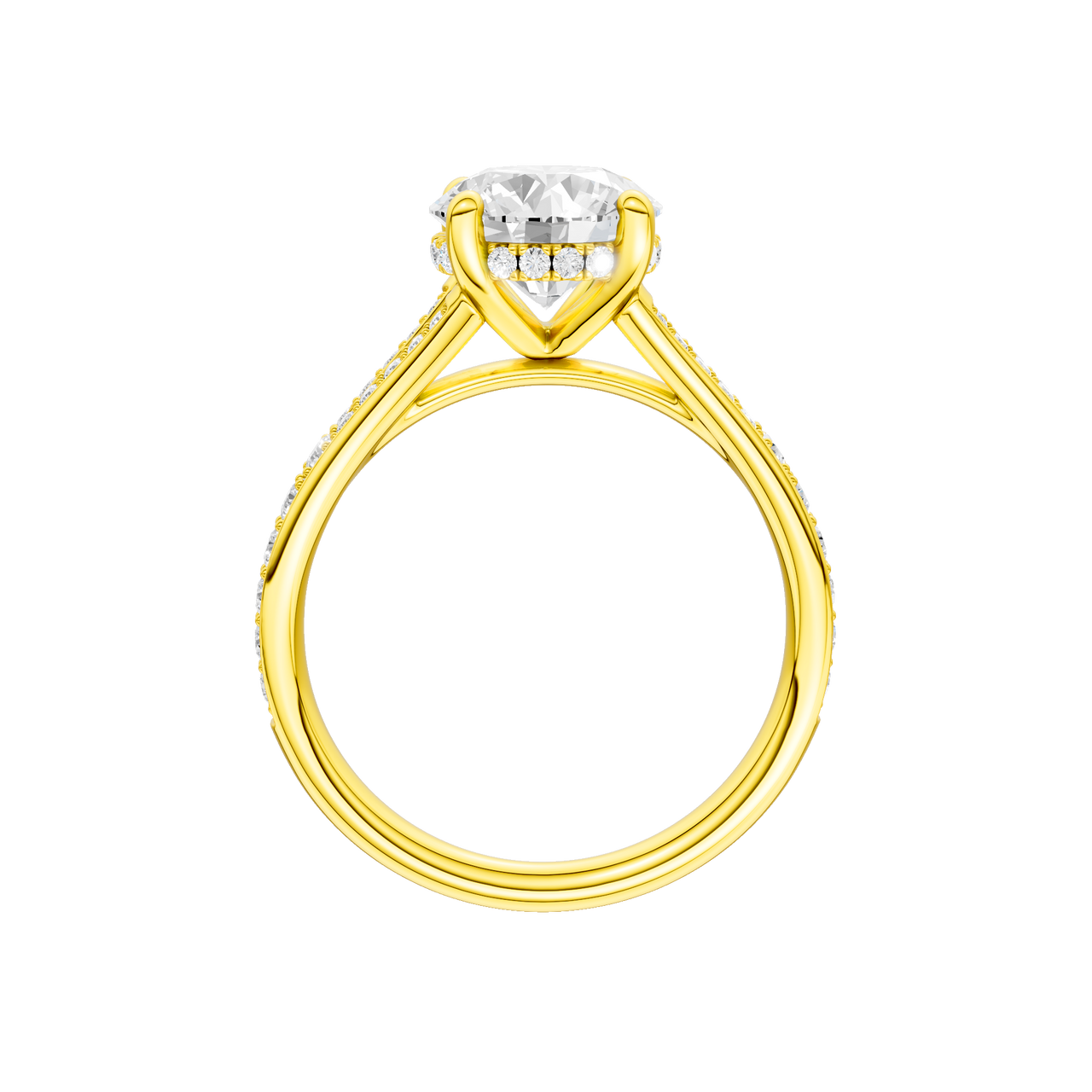 A profile view of the Round cut diamond engagement ring in 14k yellow gold with a channel band and hidden halo setting
