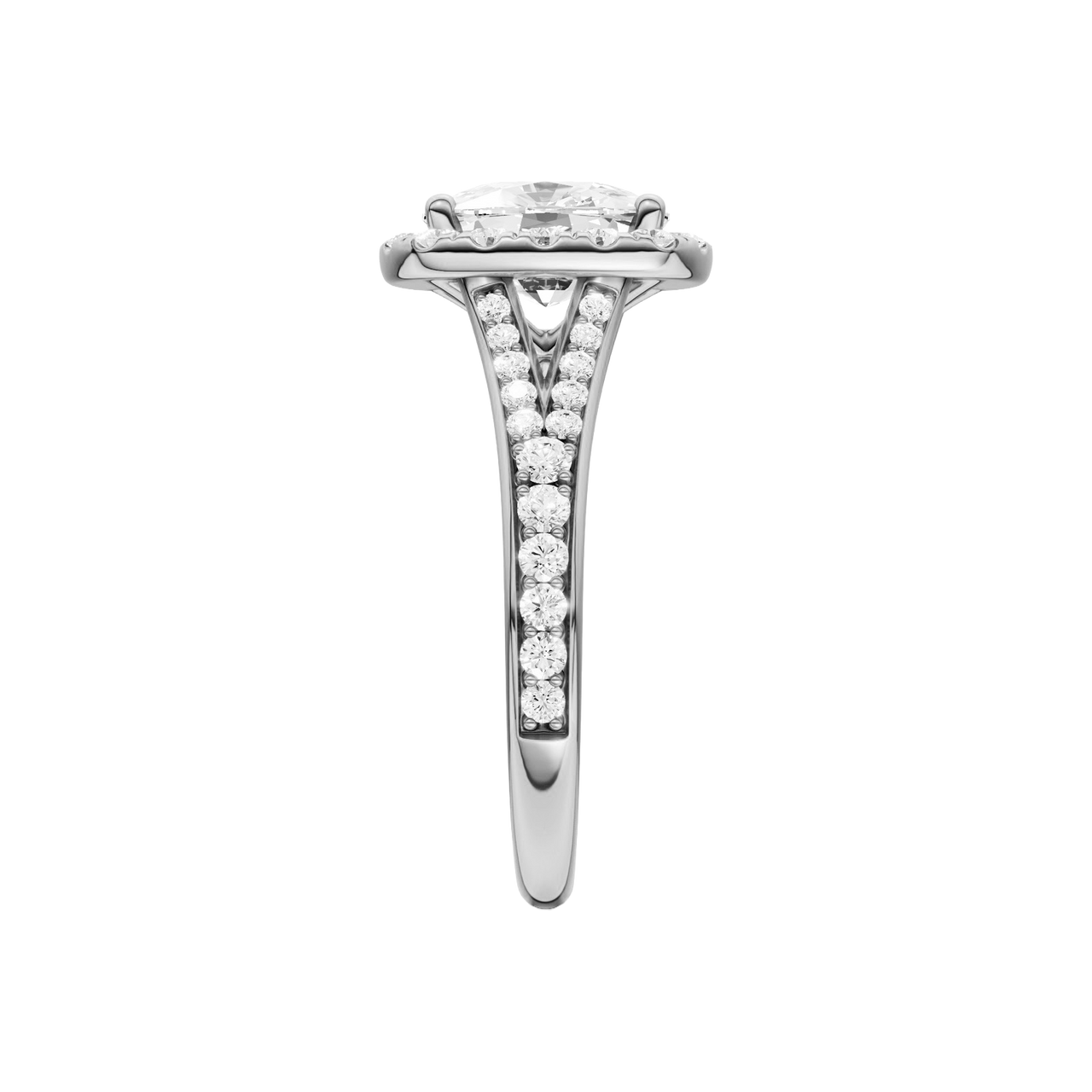 A side view of the Elongated cushion cut diamond engagement ring in 14k white gold with a diamond channel band and split setting