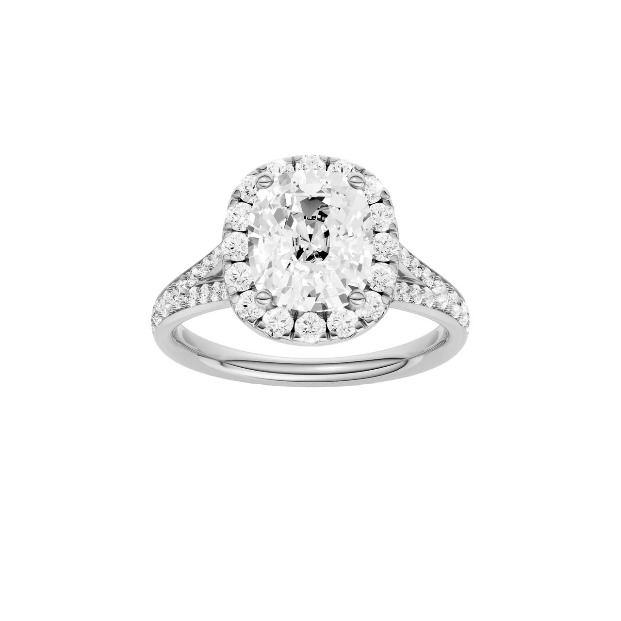 A front view of the Elongated cushion cut diamond engagement ring in 14k white gold with a diamond channel band and split setting