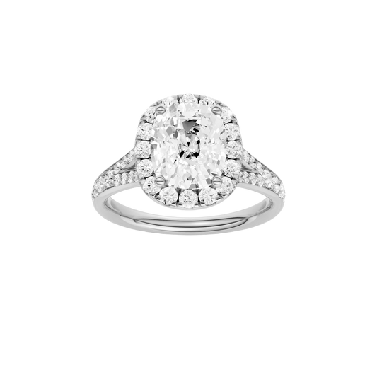 A front view of the Elongated cushion cut diamond engagement ring in 14k white gold with a diamond channel band and split setting