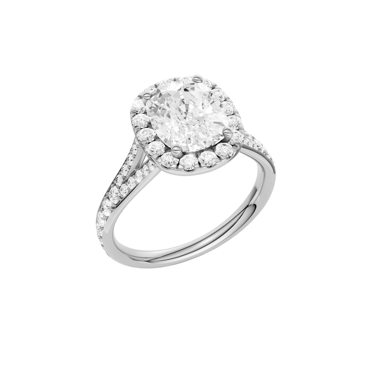 A three-quarter view of the Elongated cushion cut diamond engagement ring in platinum with a diamond channel band and split setting