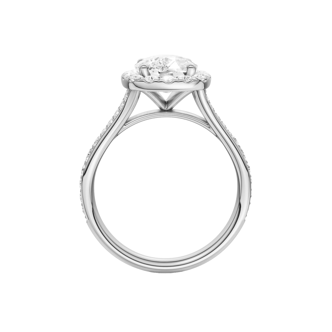 A profile view of the Elongated cushion cut diamond engagement ring in 14k white gold with a diamond channel band and split setting