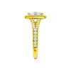 A side view of the Elongated cushion cut diamond engagement ring in 14k yellow gold with a diamond channel band and split setting