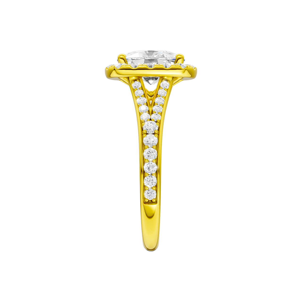 A side view of the Elongated cushion cut diamond engagement ring in 14k yellow gold with a diamond channel band and split setting