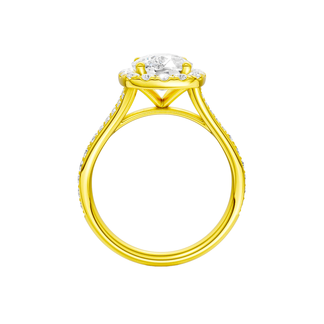 A profile view of the Elongated cushion cut diamond engagement ring in 14k yellow gold with a diamond channel band and split setting