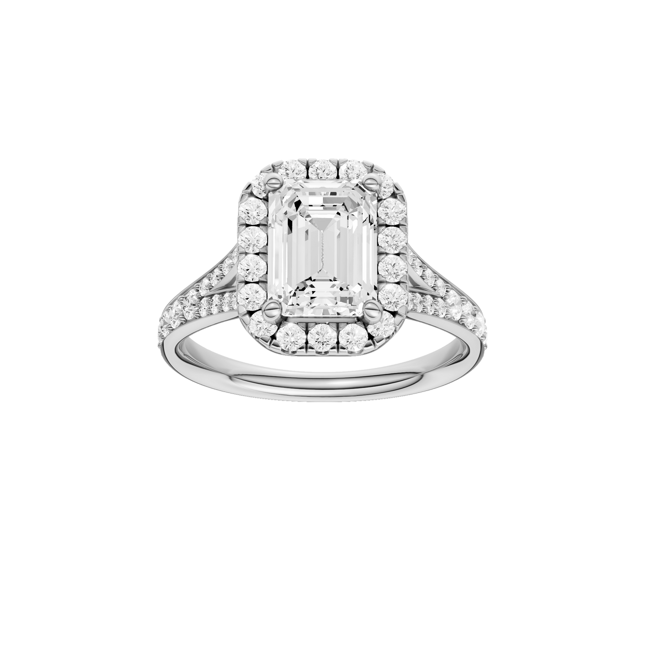 A front view of the Emerald cut diamond engagement ring in 14k white gold with a diamond channel band and split setting