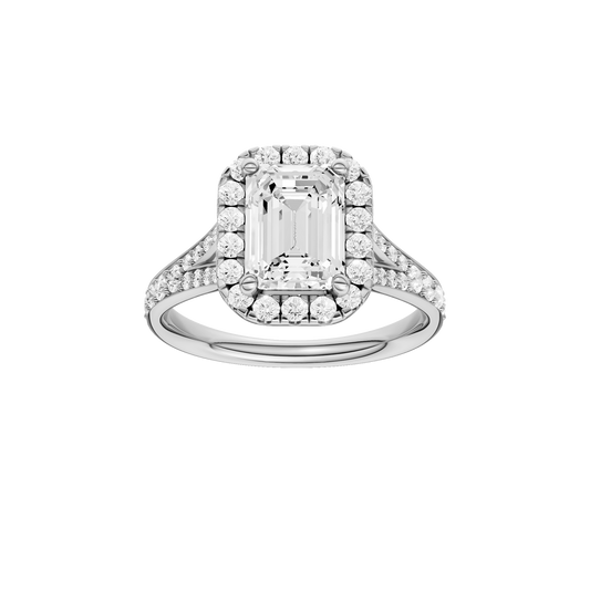 A front view of the Emerald cut diamond engagement ring in 14k white gold with a diamond channel band and split setting