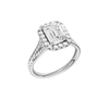 A three-quarter view of the Emerald cut diamond engagement ring in platinum with a diamond channel band and split setting