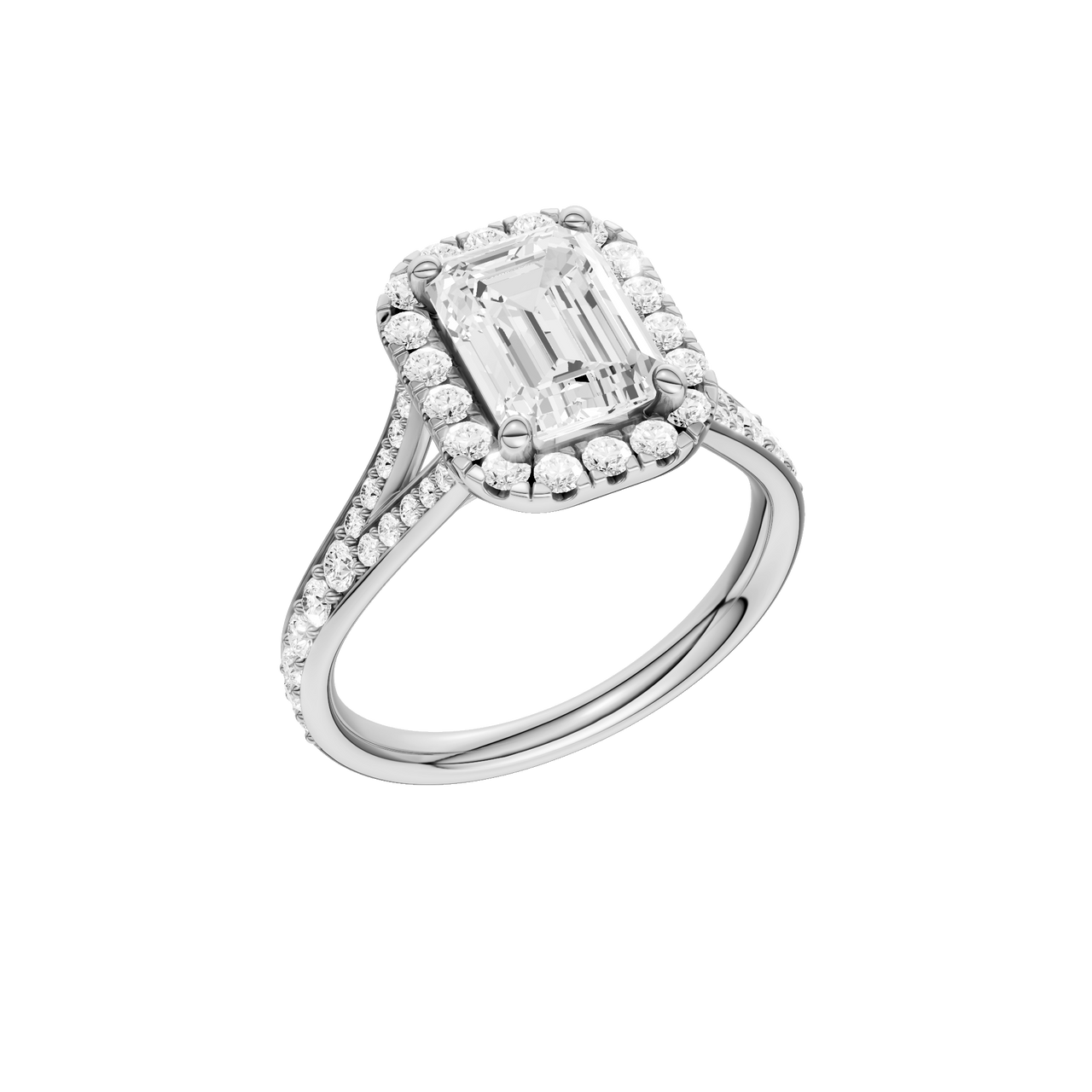 A three-quarter view of the Emerald cut diamond engagement ring in platinum with a diamond channel band and split setting