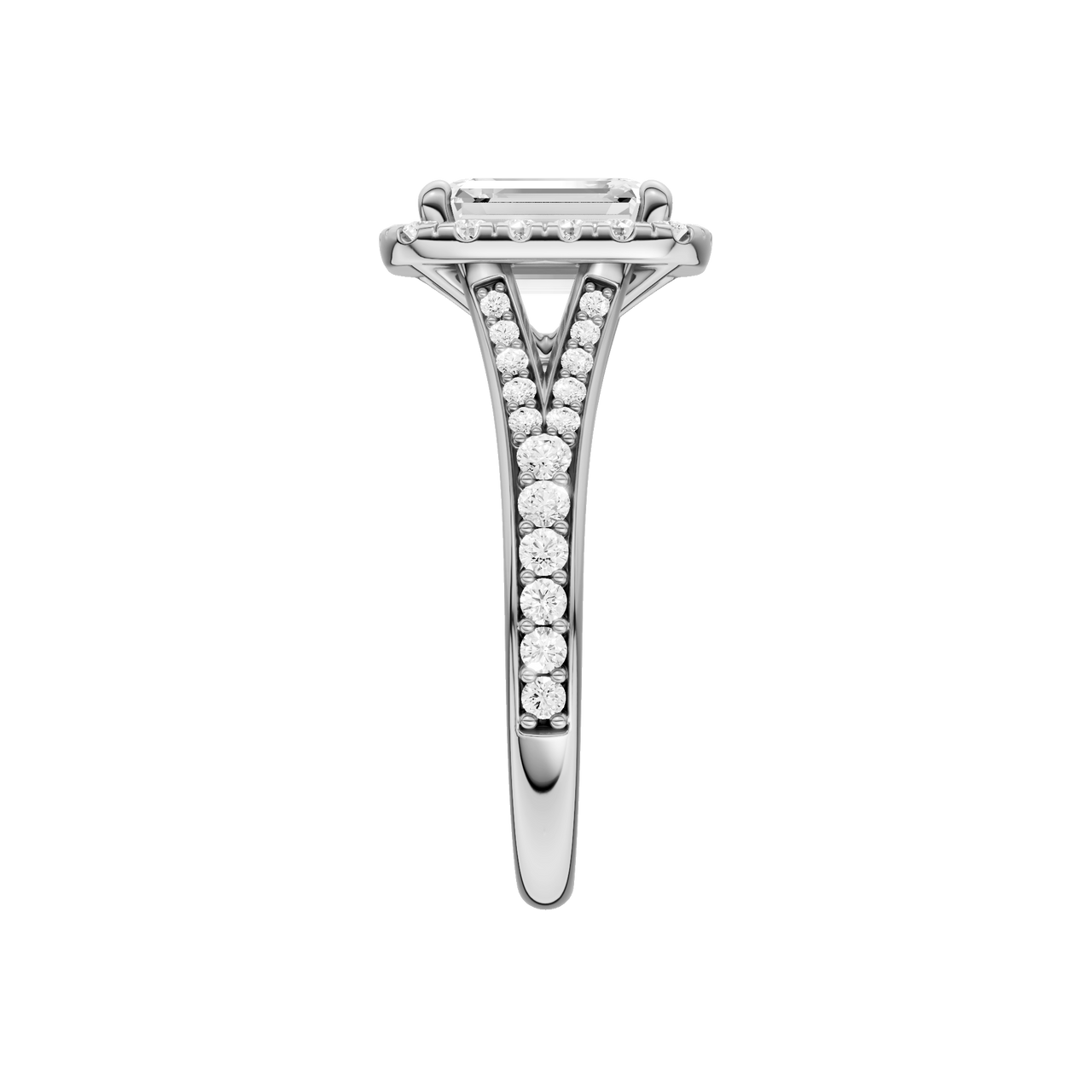 A side view of the Emerald cut diamond engagement ring in 14k white gold with a diamond channel band and split setting