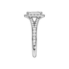 A side view of the Emerald cut diamond engagement ring in platinum with a diamond channel band and split setting