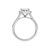 A profile view of the Emerald cut diamond engagement ring in platinum with a diamond channel band and split setting