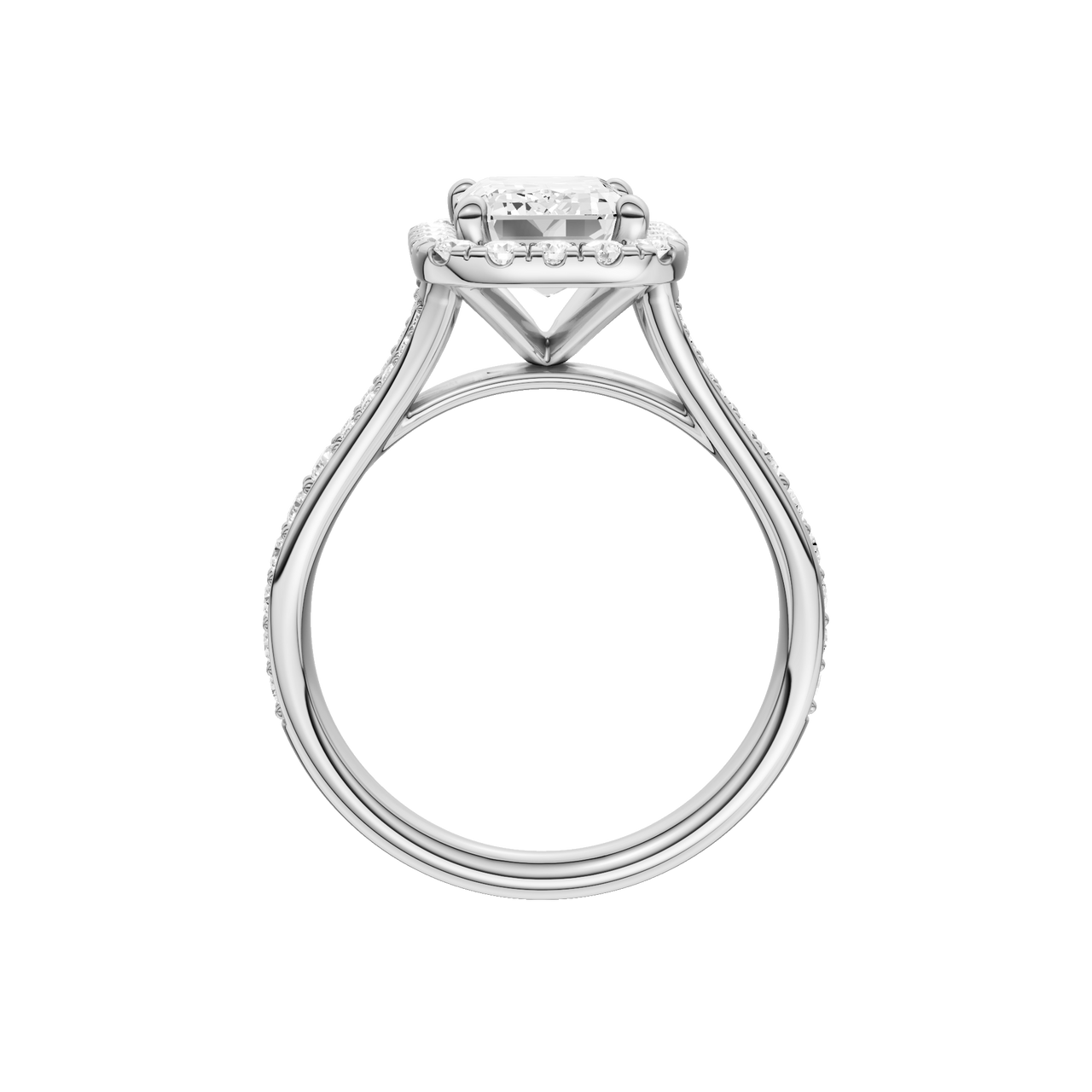 A profile view of the Emerald cut diamond engagement ring in platinum with a diamond channel band and split setting