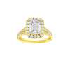 A front view of the Emerald cut diamond engagement ring in 14k yellow gold with a diamond channel band and split setting
