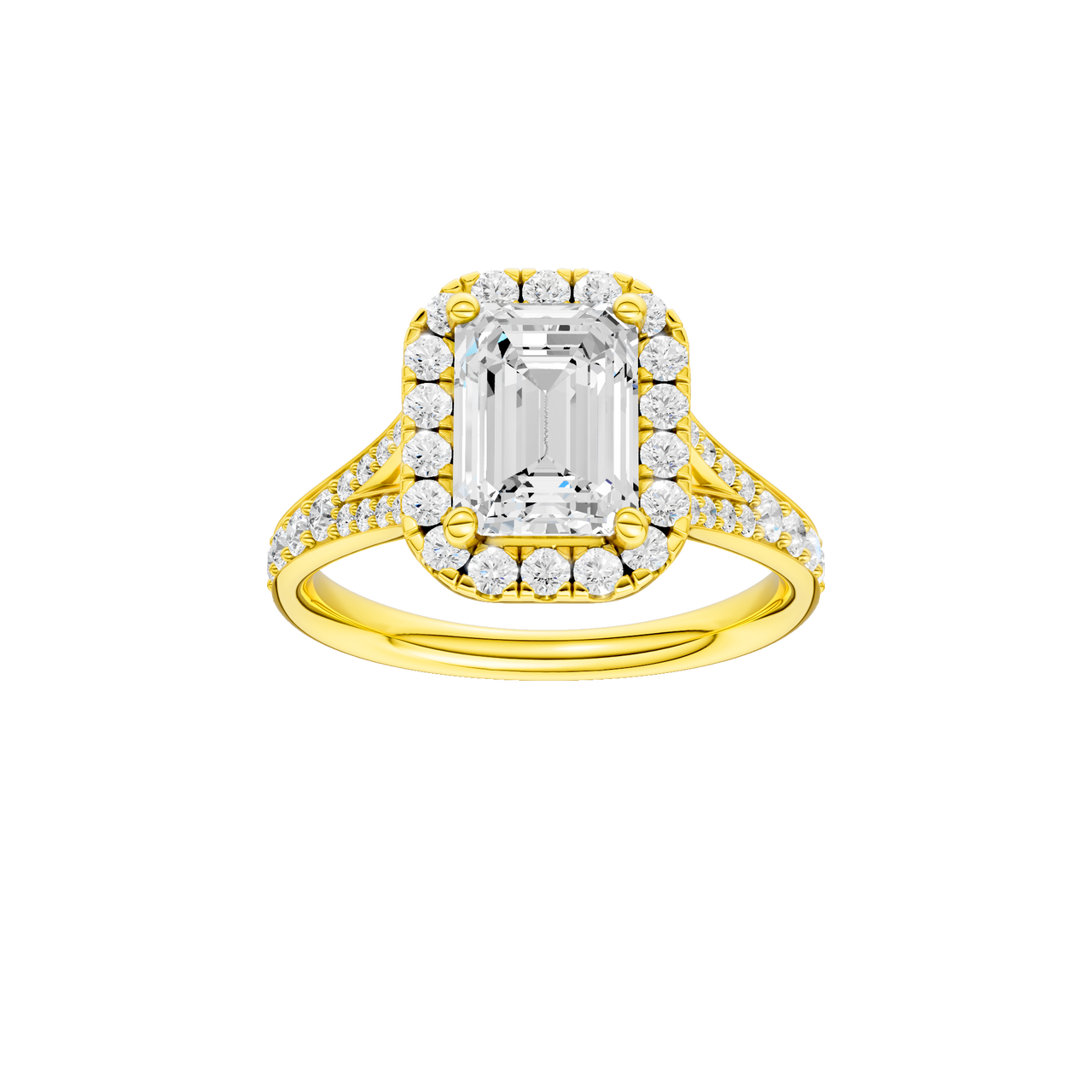 A front view of the Emerald cut diamond engagement ring in 14k yellow gold with a diamond channel band and split setting