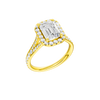 A three-quarter view of the Emerald cut diamond engagement ring in 14k yellow gold with a diamond channel band and split setting