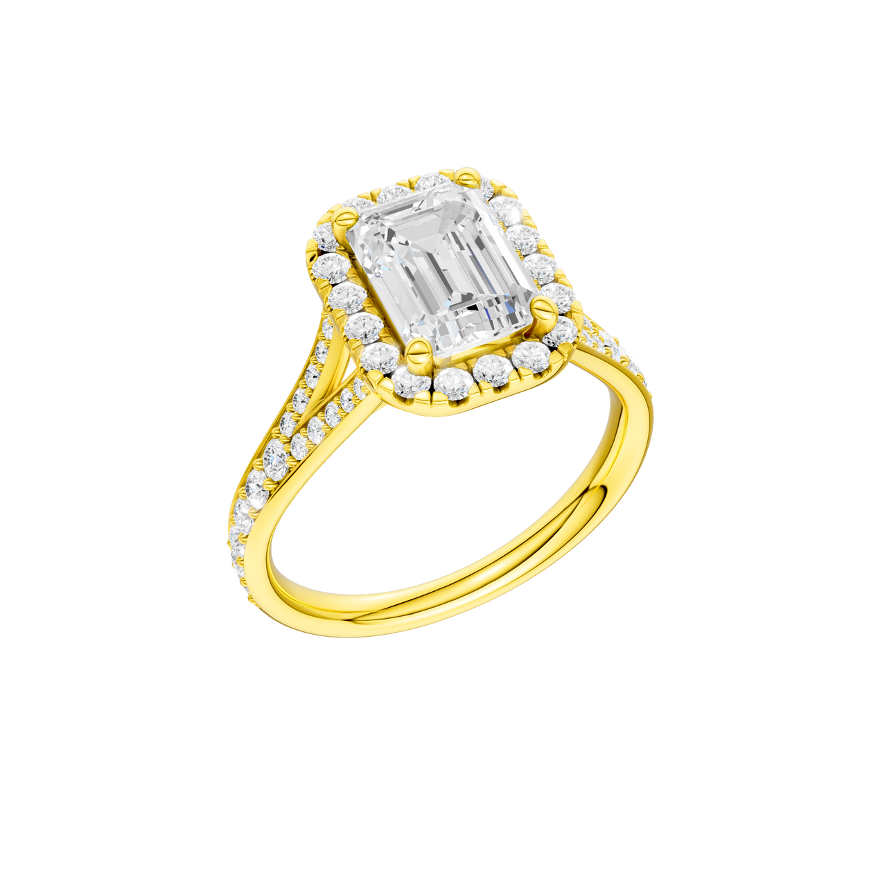 A three-quarter view of the Emerald cut diamond engagement ring in 14k yellow gold with a diamond channel band and split setting