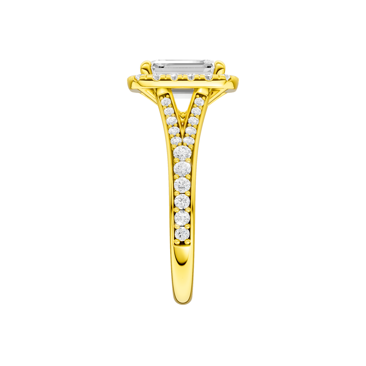 A side view of the Emerald cut diamond engagement ring in 14k yellow gold with a diamond channel band and split setting