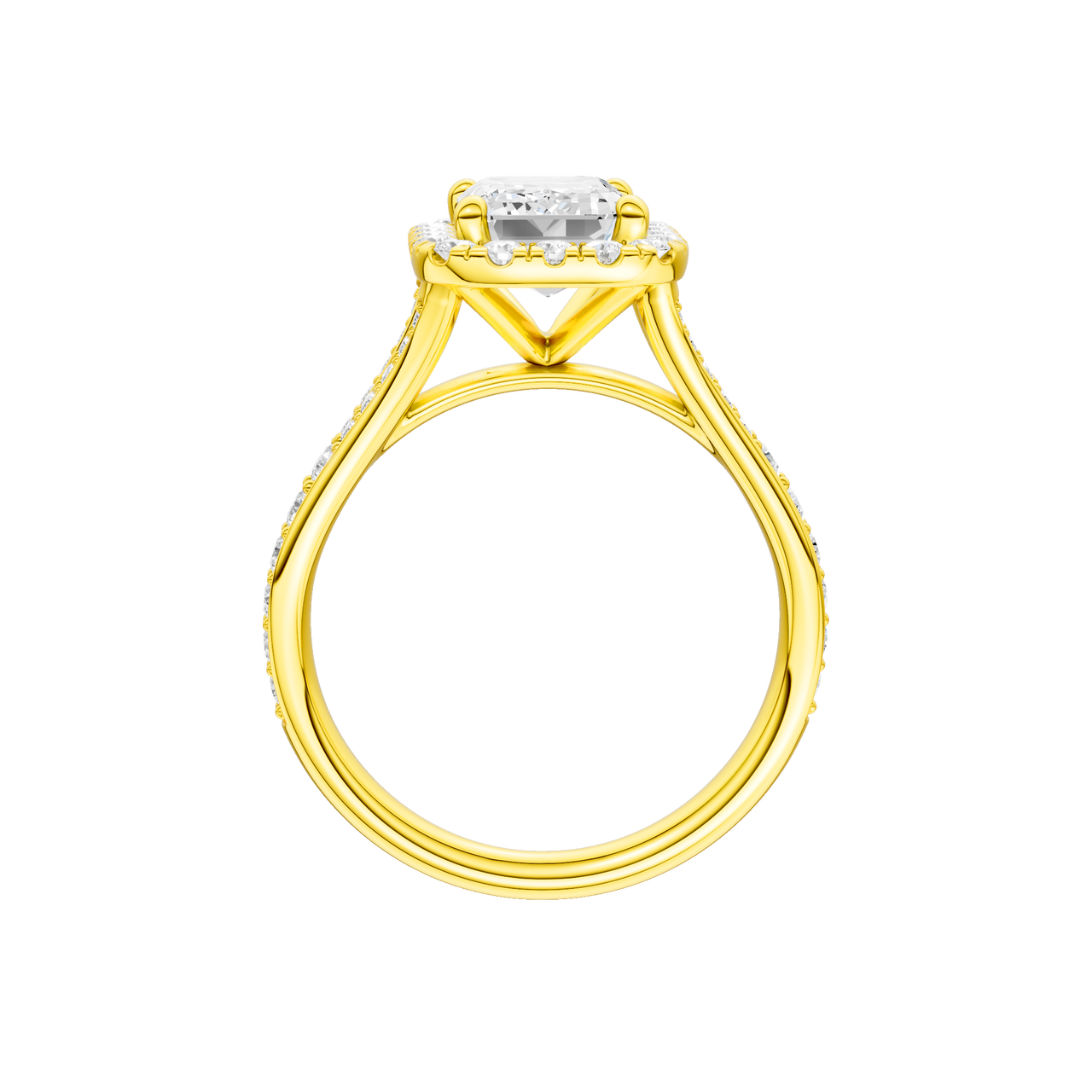 A profile view of the Emerald cut diamond engagement ring in 14k yellow gold with a diamond channel band and split setting