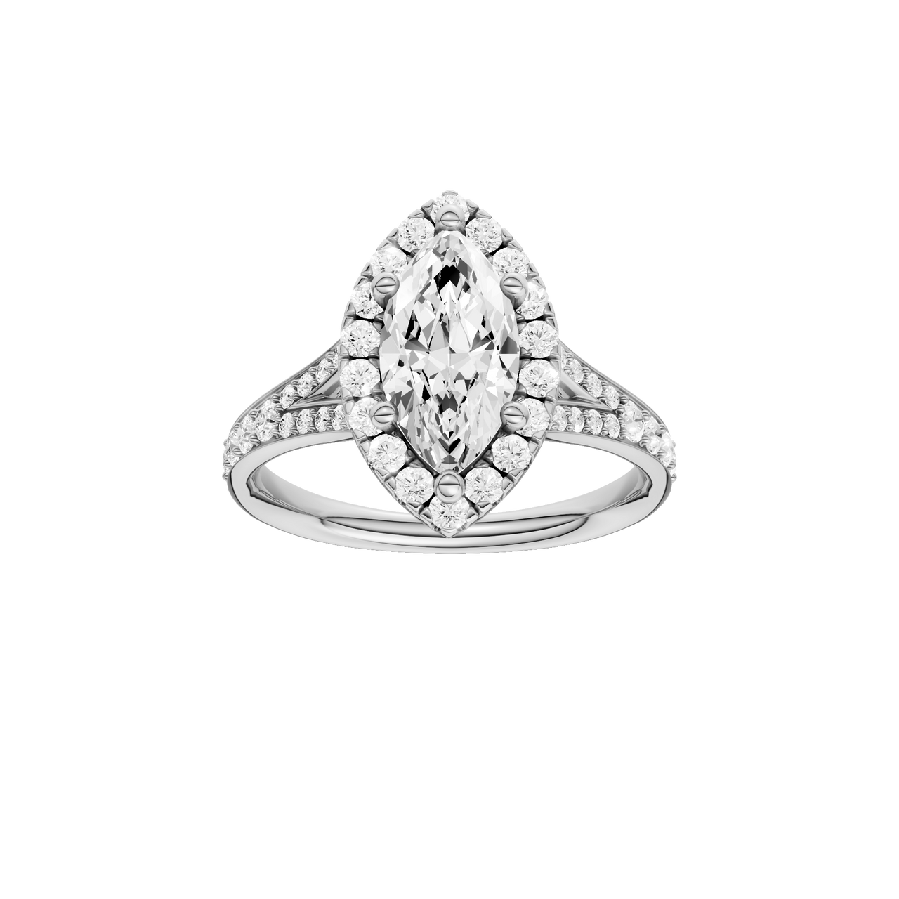 A front view of the Marquise cut diamond engagement ring in 14k white gold with a channel band and solitaire setting