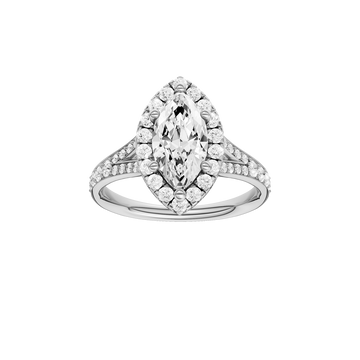 A front view of the Marquise cut diamond engagement ring in 14k white gold with a channel band and solitaire setting